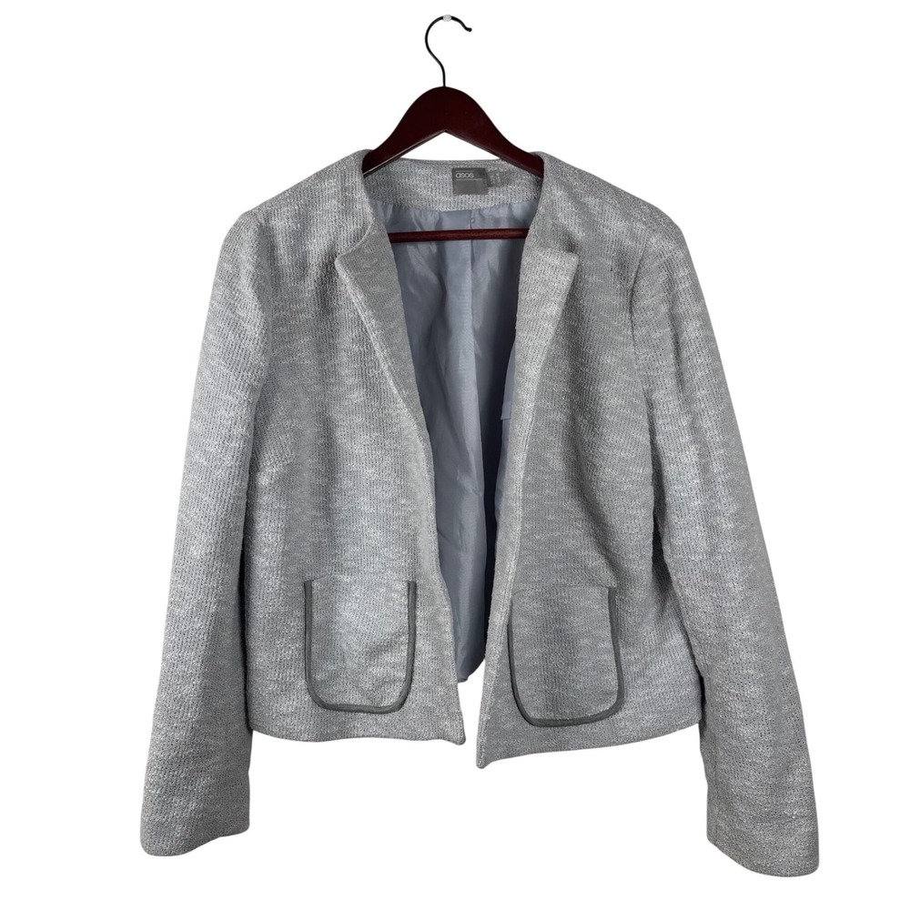 ASOS Womens 12 Textured Knit Cropped Blazer Jacket Cardigan Light‎ Grey